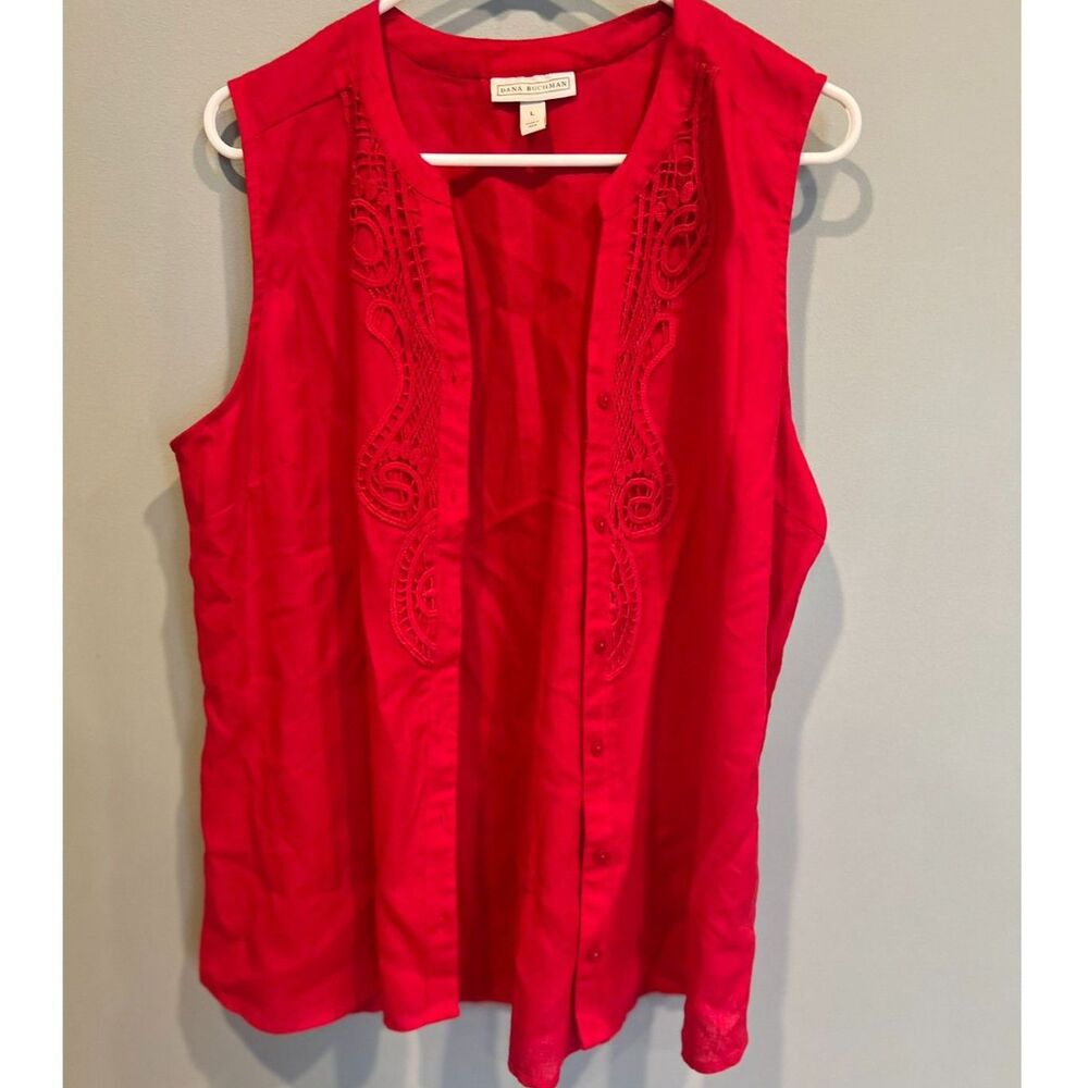 Dana Buchman Red Sleeveless Lace Top Linen Blend Size Large Boho- NWT